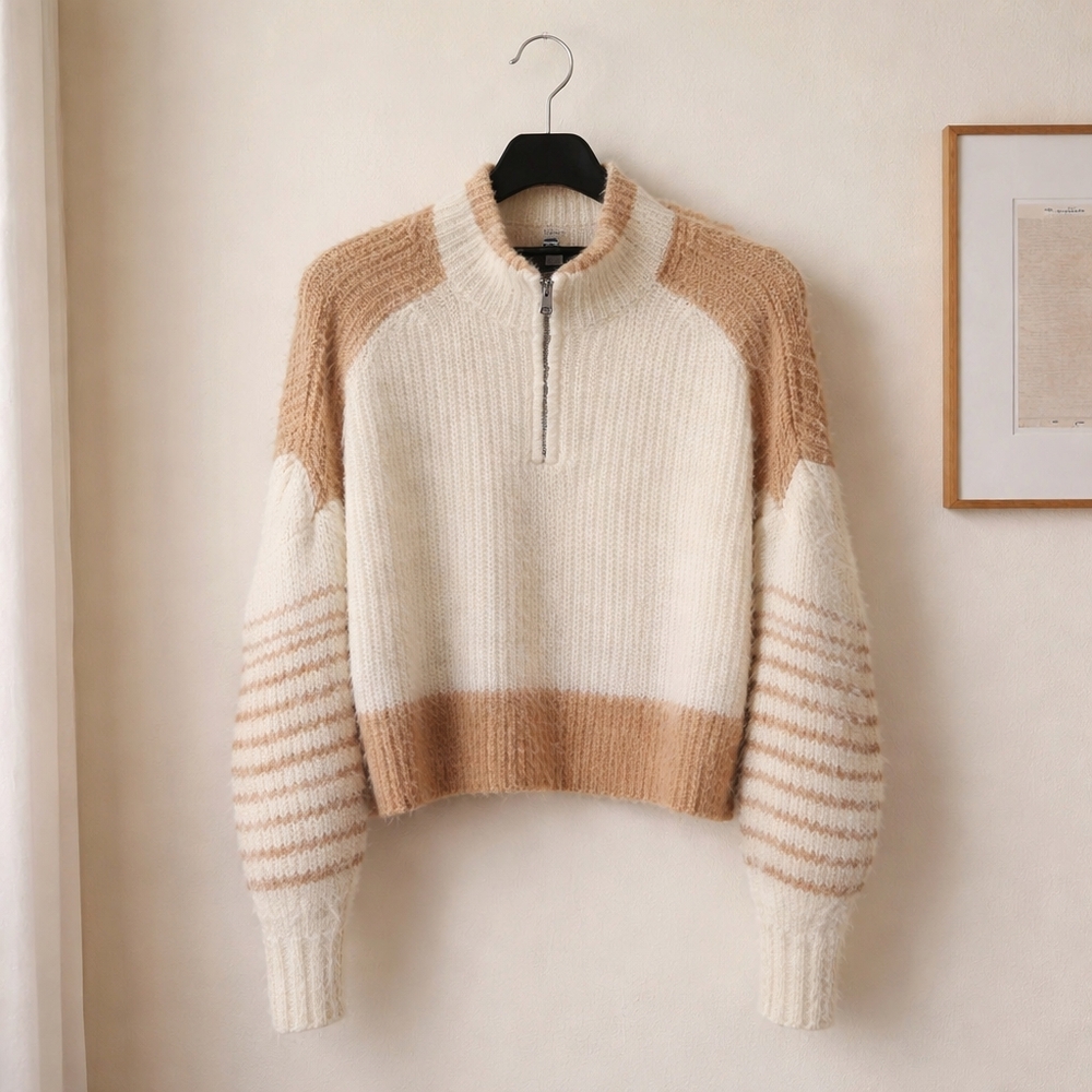 French Connection Winter White & Camel Half-Zip Ribbed Knit Sweater Size Medium - Picture 5 of 11